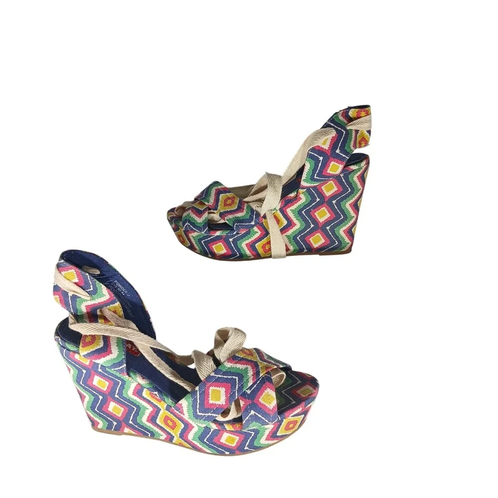 Unionbay PowderU Wedge Sandal 7M Multicolor Geometric Ikat Ankle Tie Boho Summer